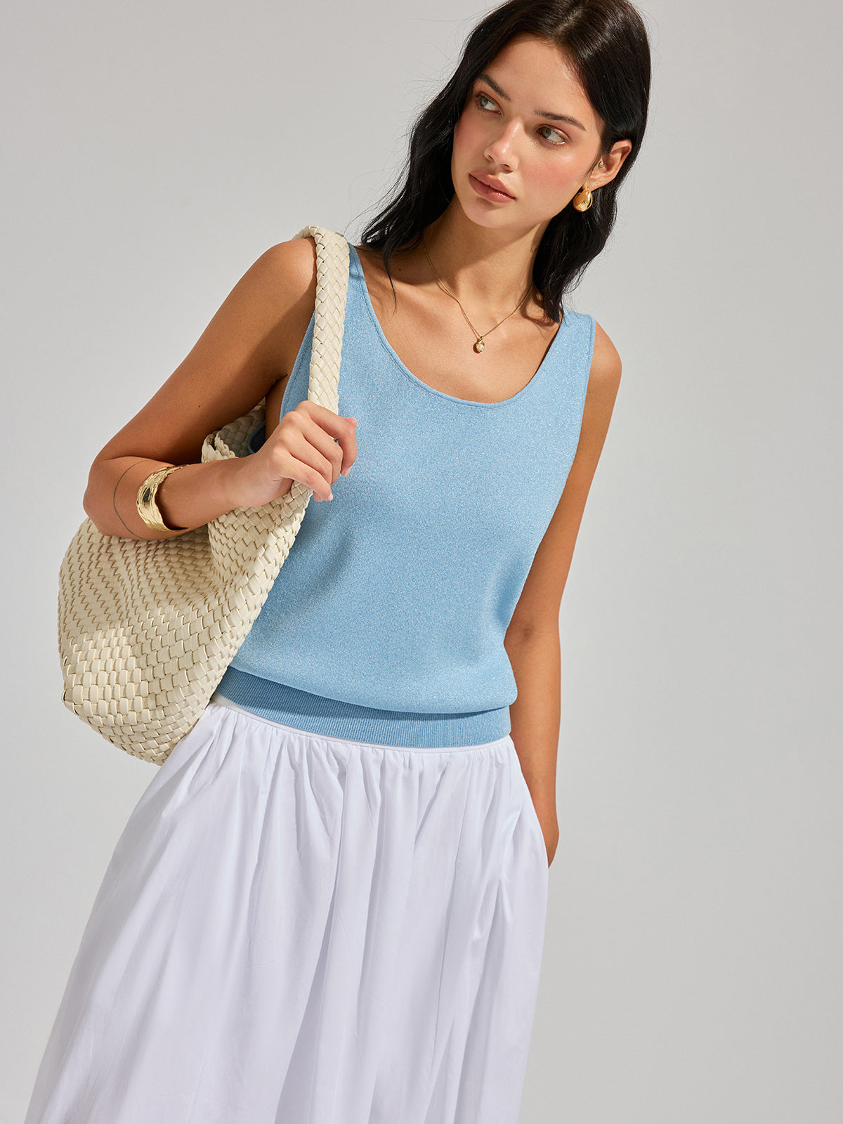 Lurex Knit Deep V-Back Tank Top Comfortable Lightweight Sleeveless