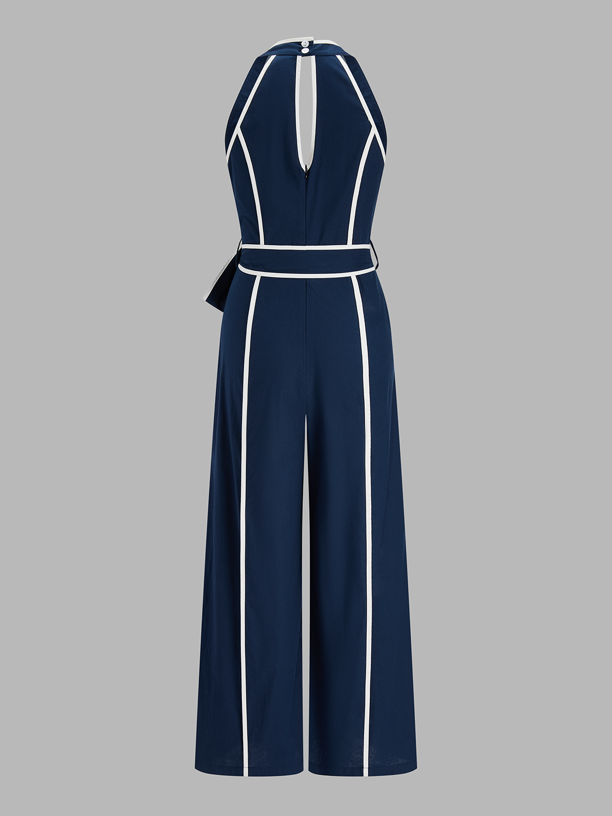 Contrast Trim Belted Cotton Linen Jumpsuit for Women Casual Spring Wear