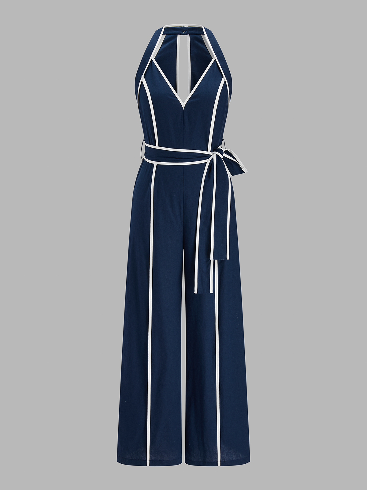 Contrast Trim Belted Cotton Linen Jumpsuit for Women Casual Spring Wear