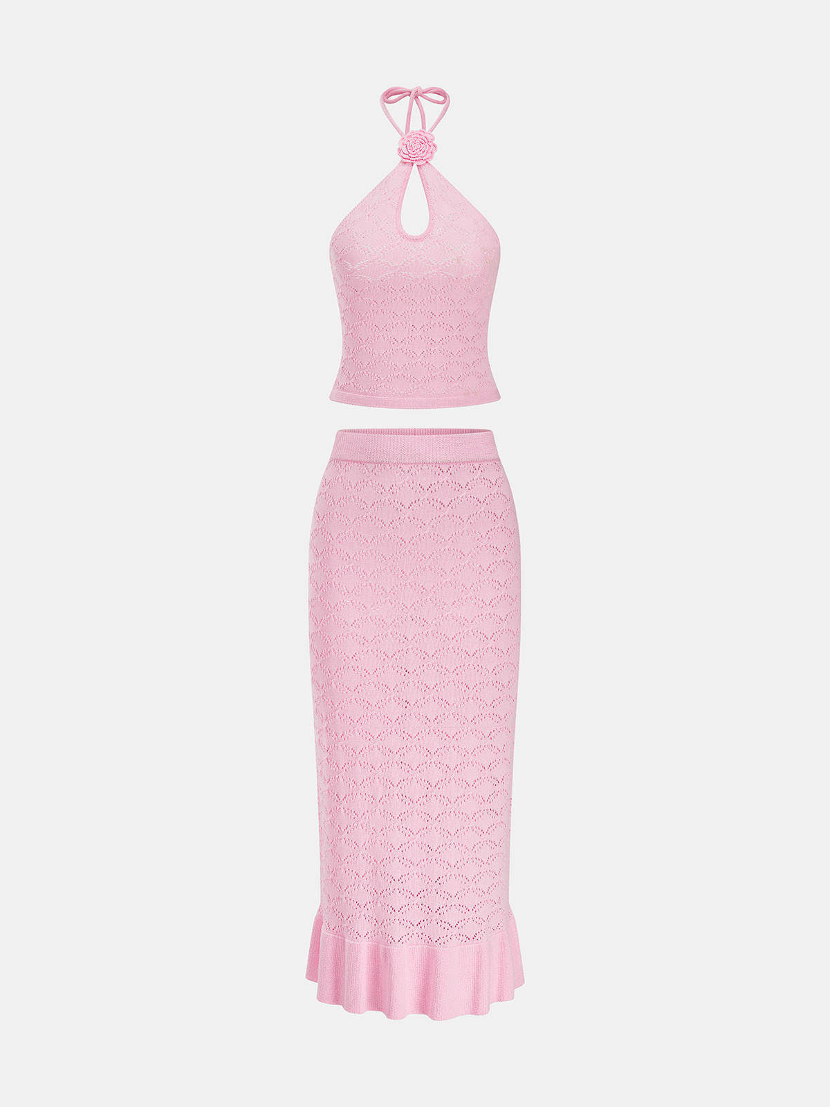 3D Floral Crochet Halter Top & Mermaid Skirt Set for Summer Weddings