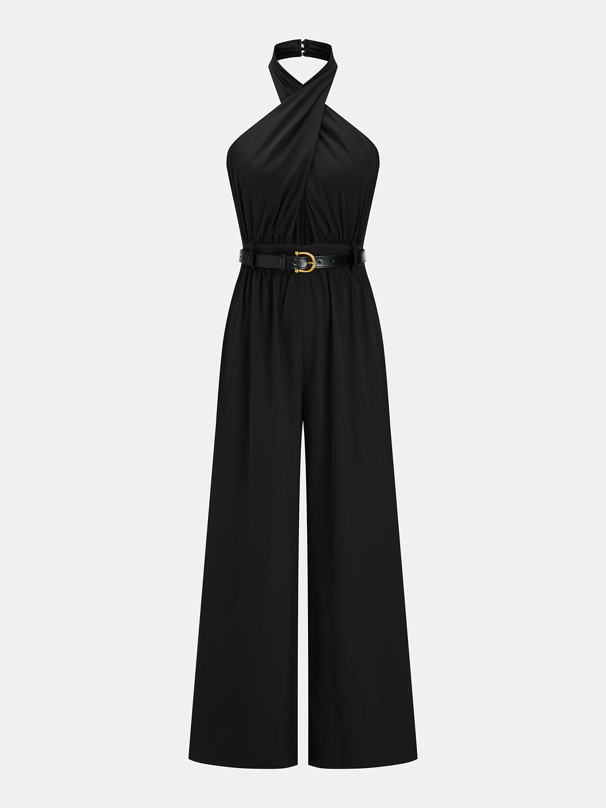 Cross Halter Belted Wide Leg Jumpsuit for Women Elegant Evening Wear