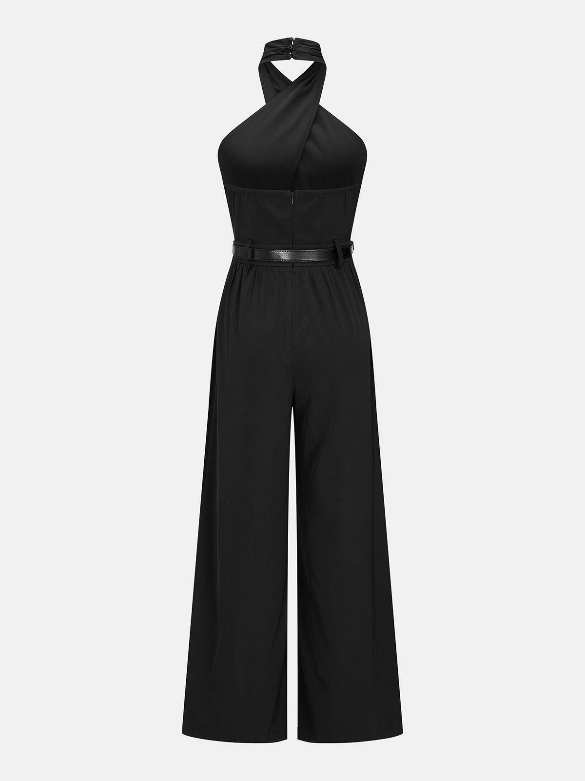 Cross Halter Belted Wide Leg Jumpsuit for Women Elegant Evening Wear