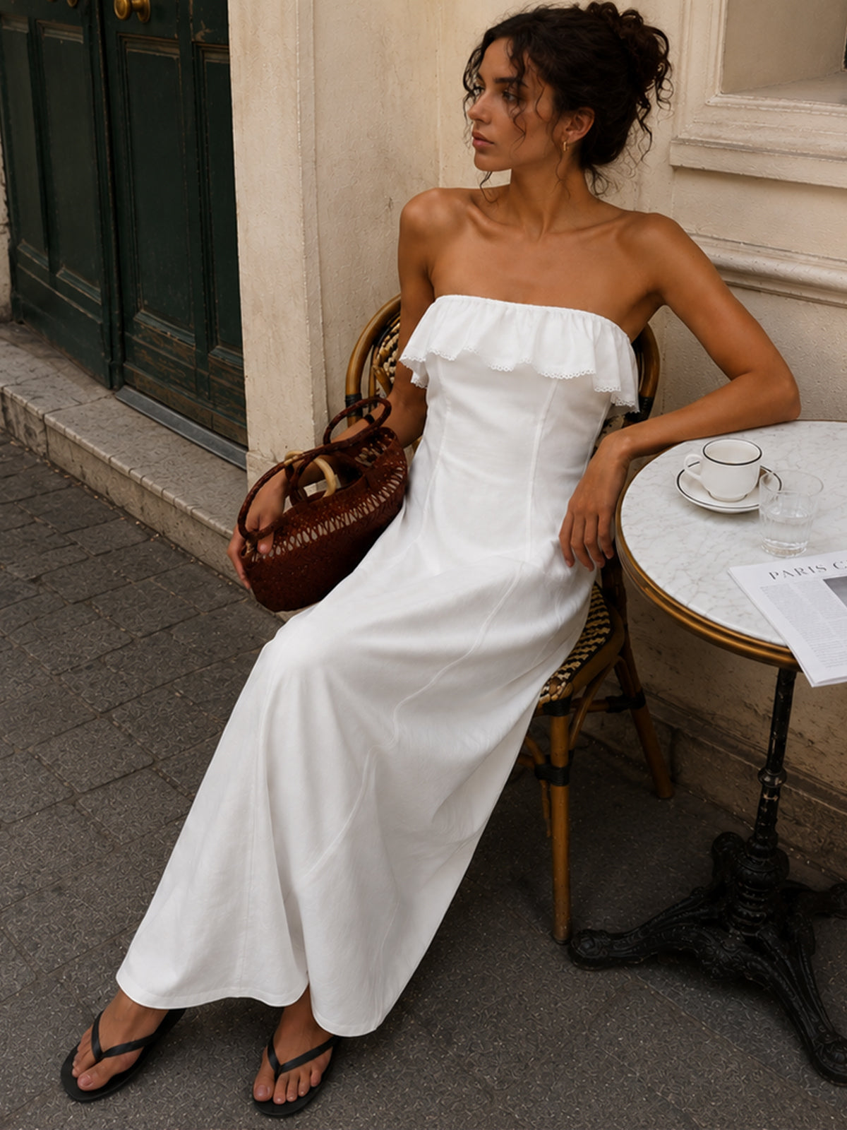 Detachable Straps Ruffled Trim Cotton Midi Dress Perfect for Summer Weddings