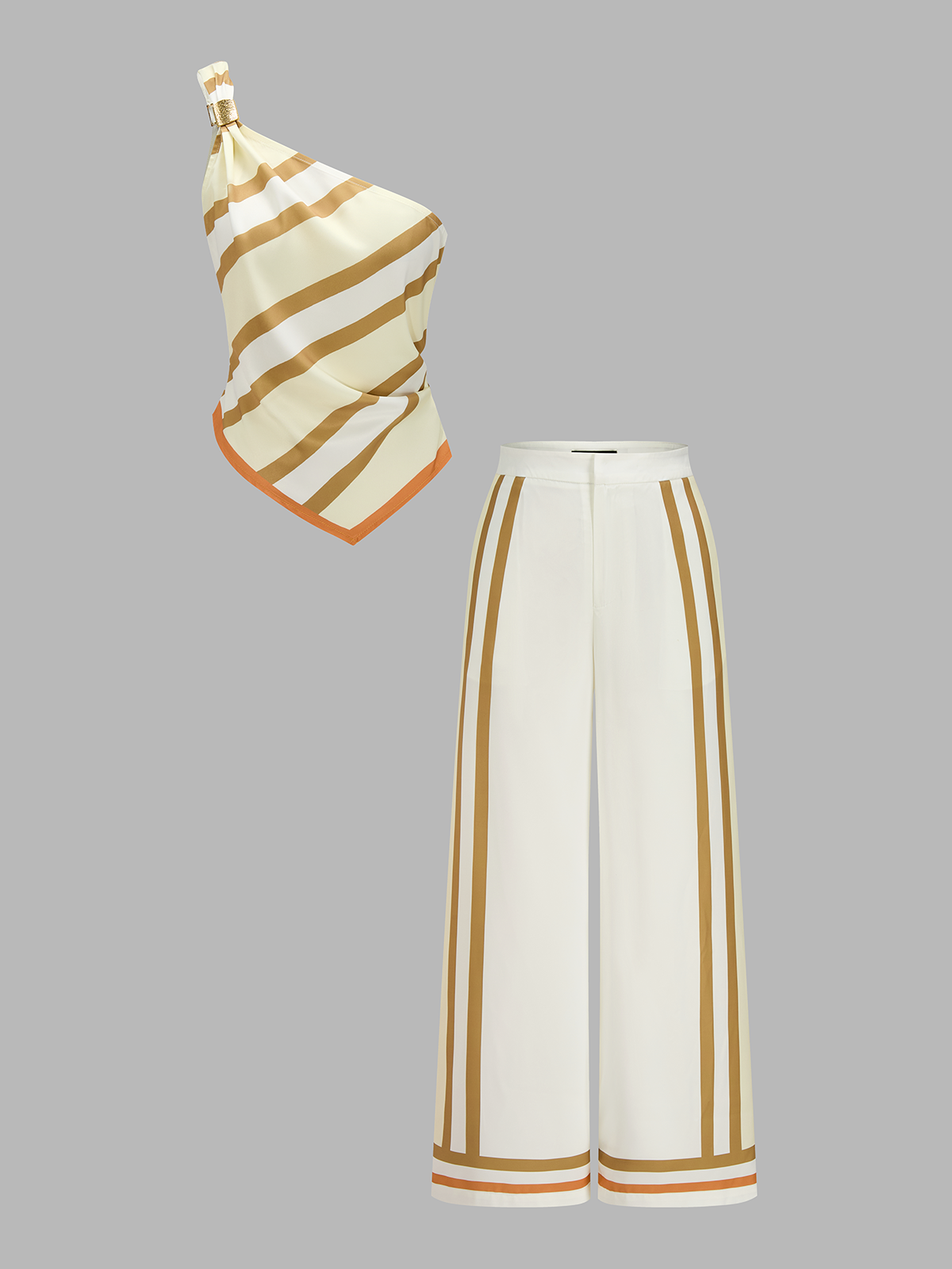 Striped One Shoulder Satin Top & Pants Set for Elegant Eveningwear