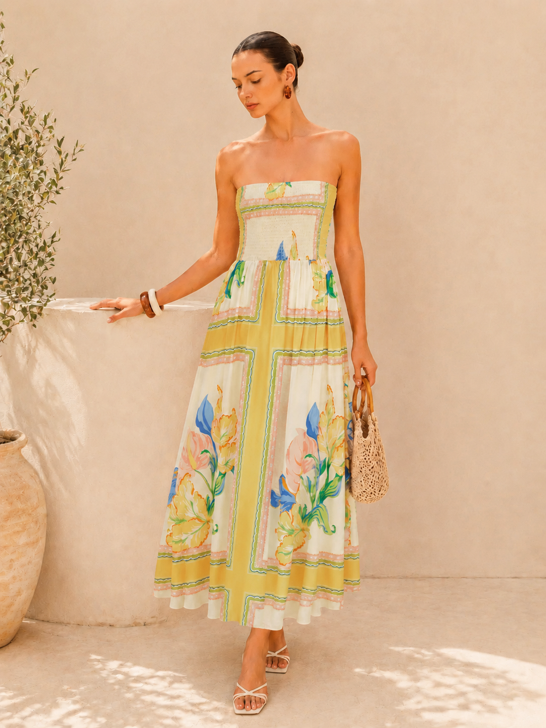 Smocked Bodice Strapless Floral Print Maxi Dress for Summer Weddings and Events