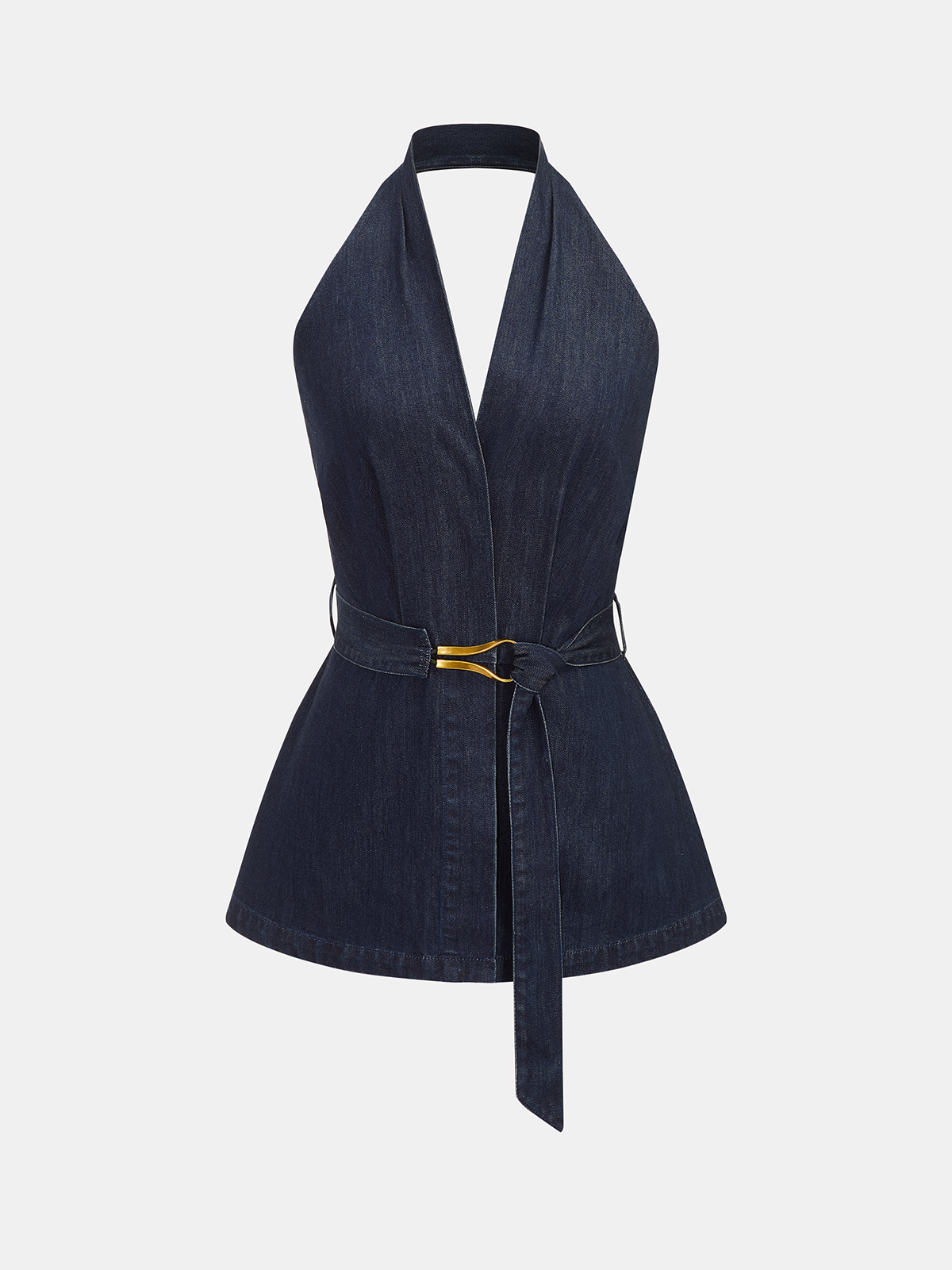 Halter Neck Belted Denim Blouse Casual Summer Fashion Top