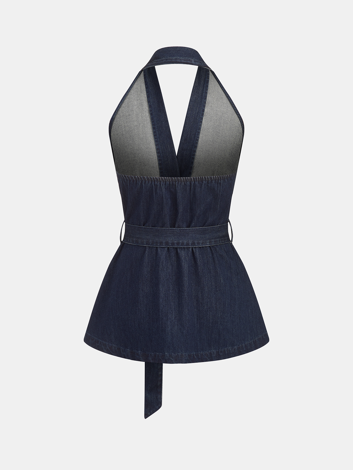 Halter Neck Belted Denim Blouse Casual Summer Fashion Top