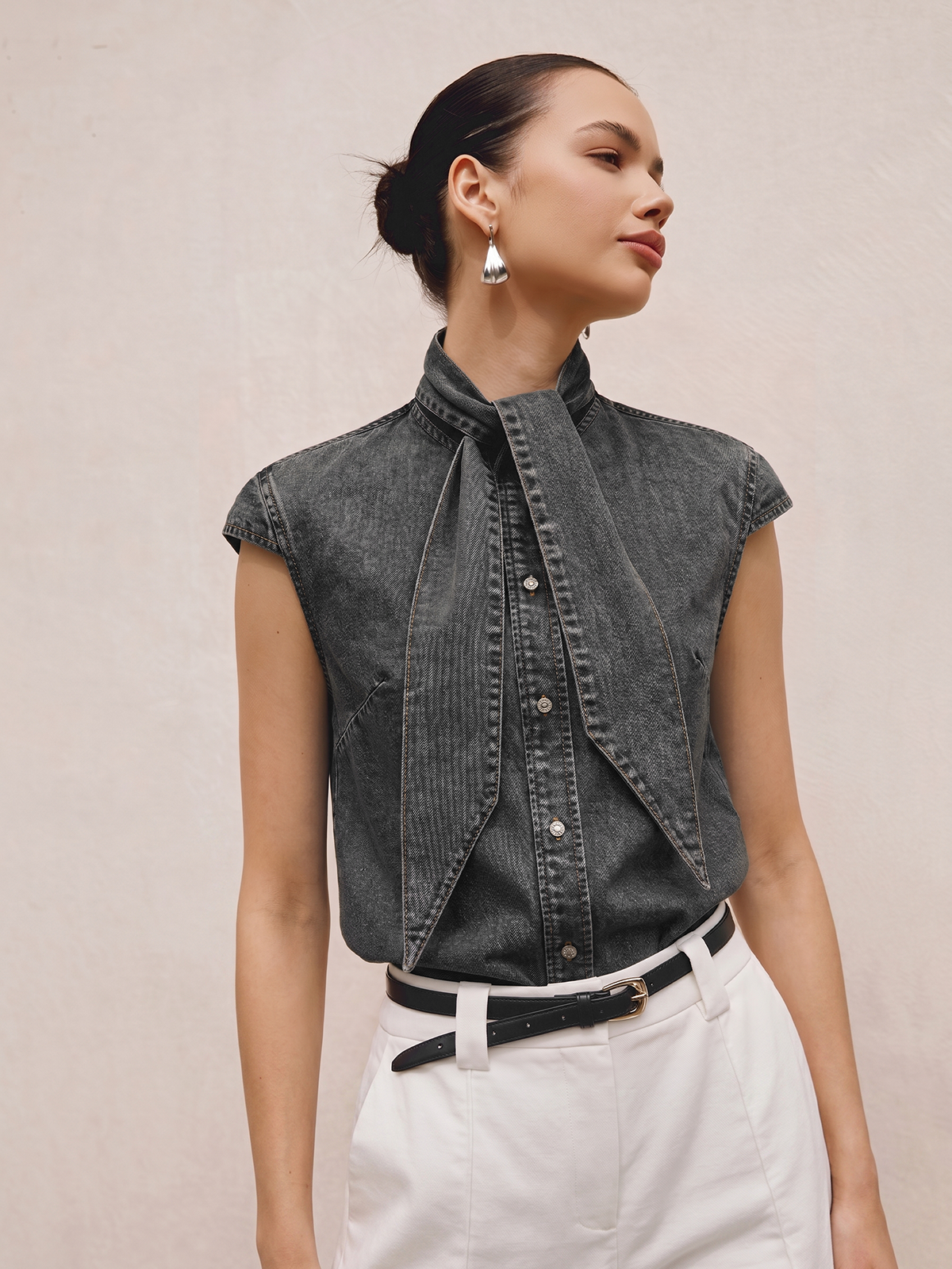 Tie Neck Sleeveless Denim Shirt for Women Casual Summer Style