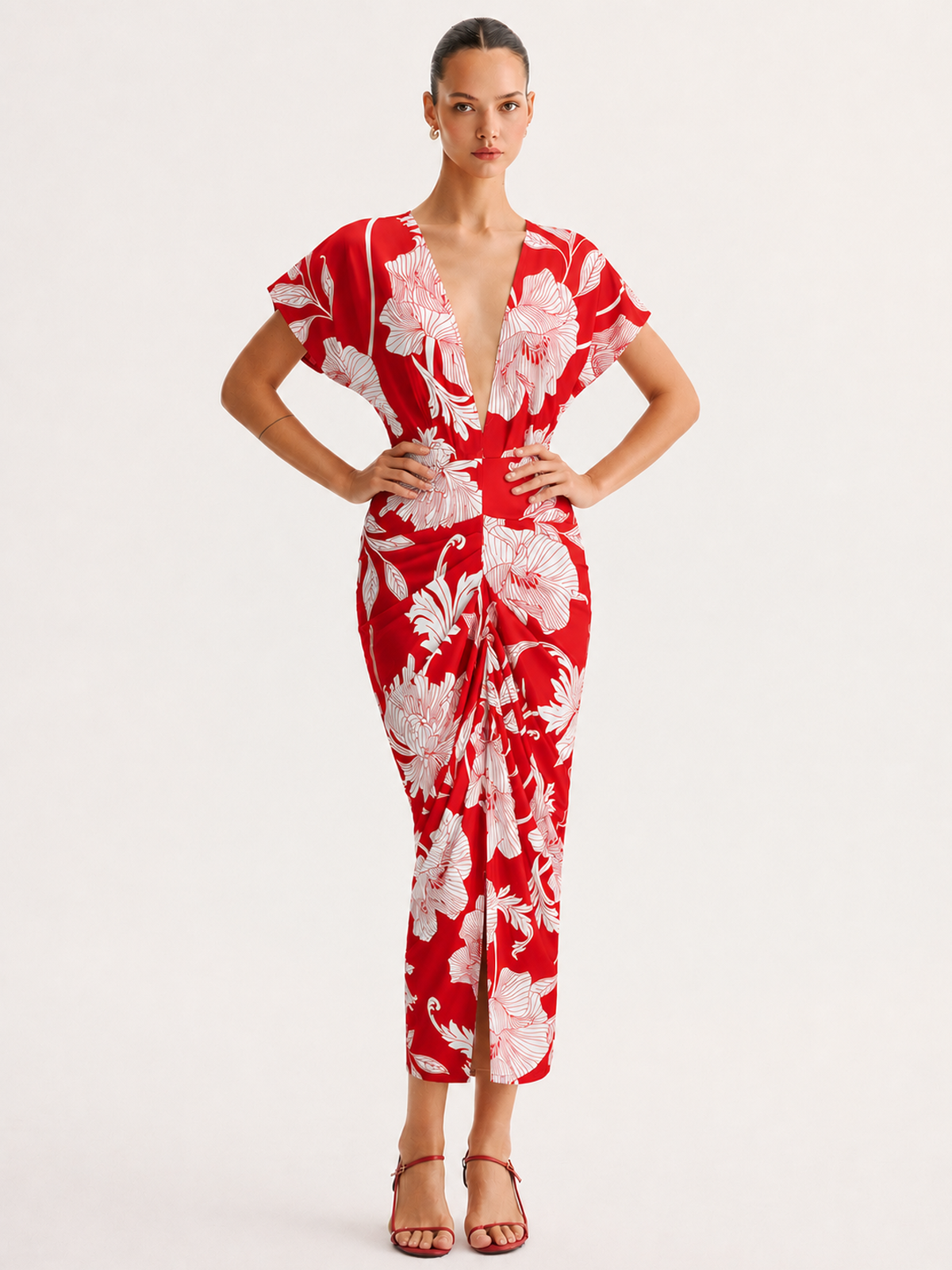 Floral Print Deep V Ruched Midi Dress with Long Sleeves and Tie Waist