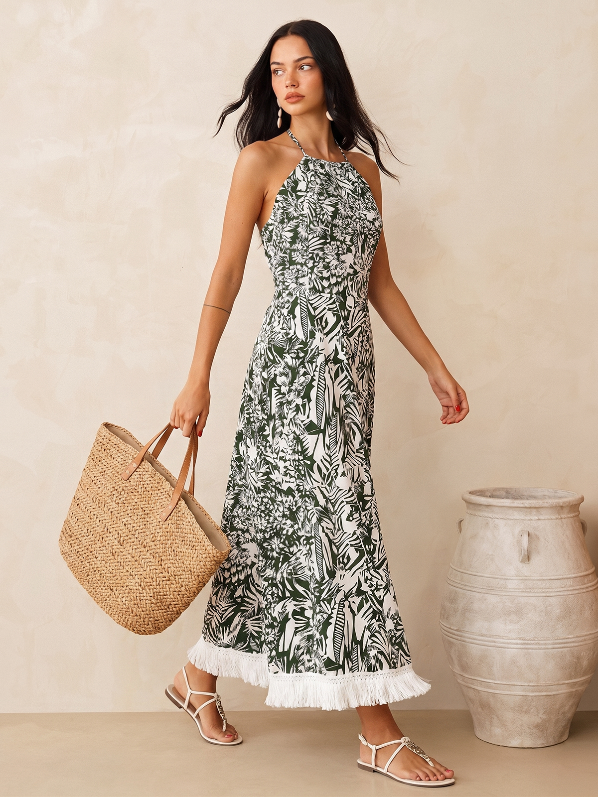 Fringe Hem Jungle Print Halter Maxi Dress for Summer Festivals