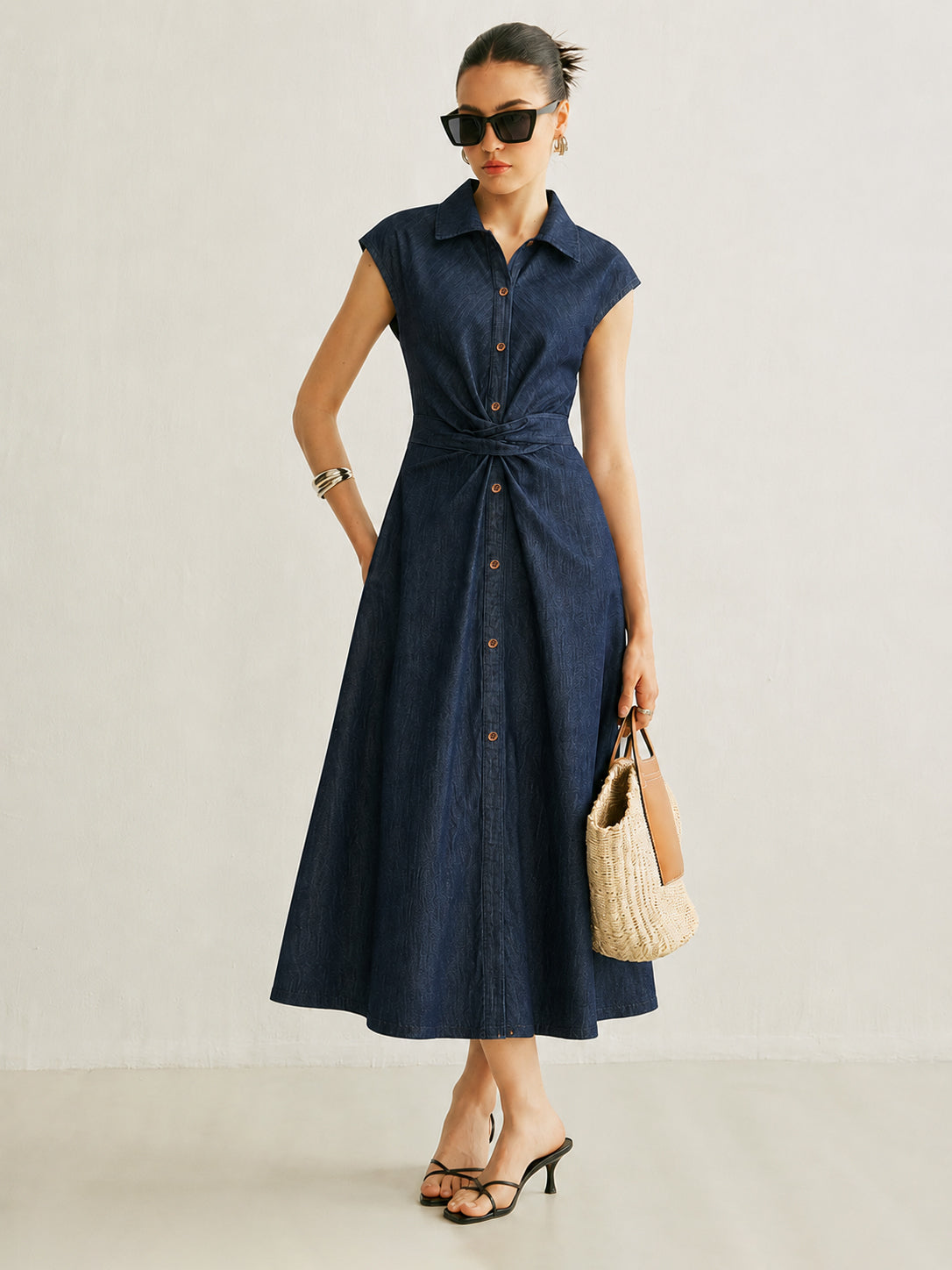 Twisted Waist Midi Shirt Dress with Long Sleeves and Button Detail