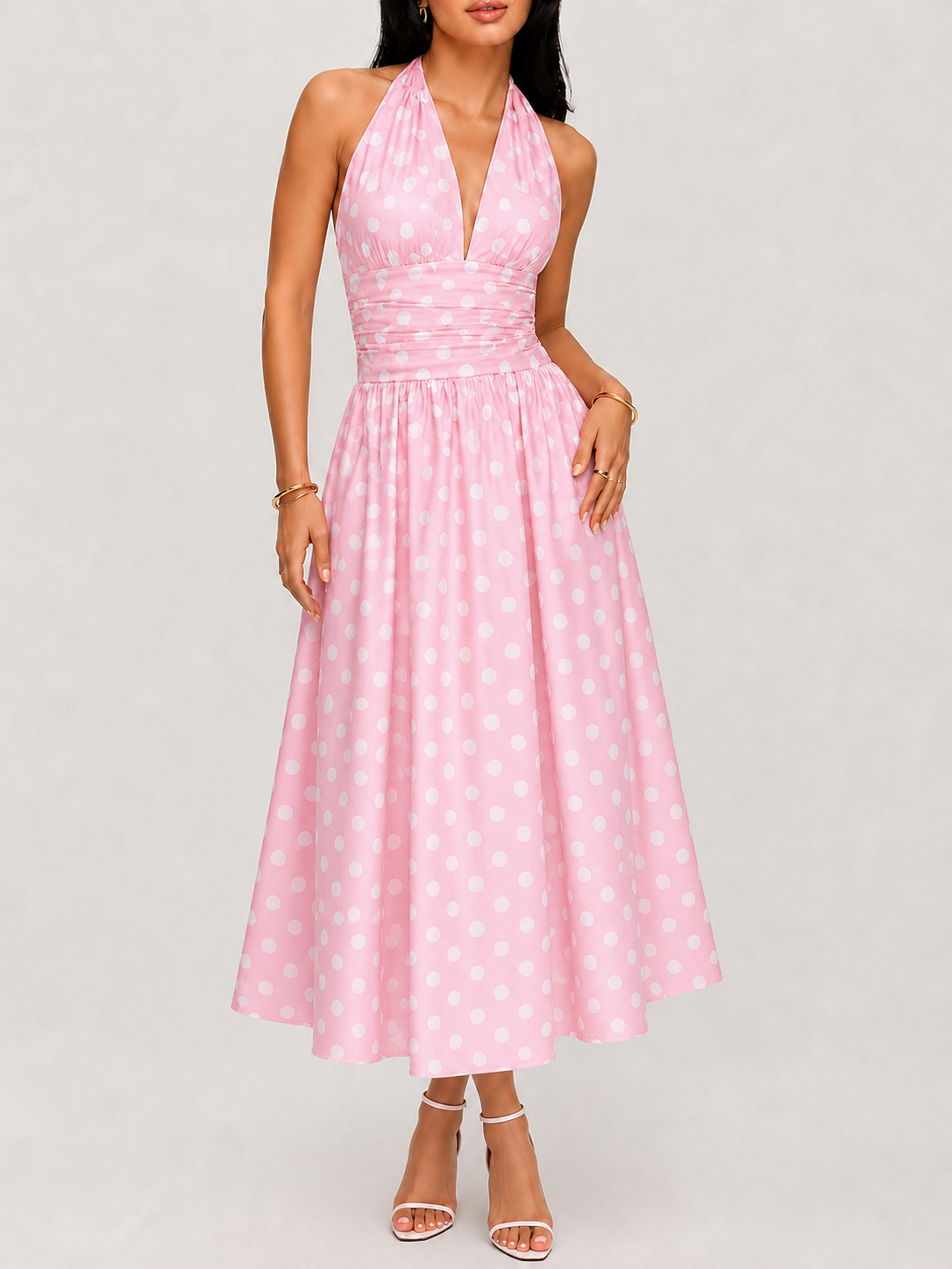 Polka Dot Halter Ruched Midi Dress with Side Slit Detail