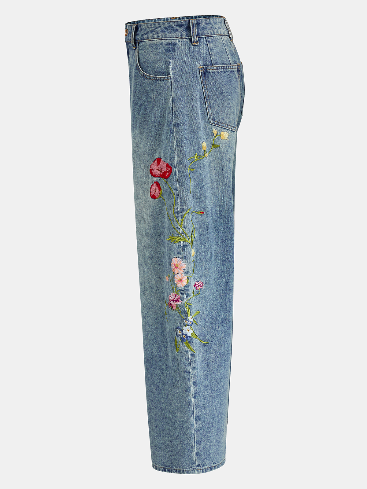 Floral Embroidery Curved-Leg Denim Pants for Women Casual Wear