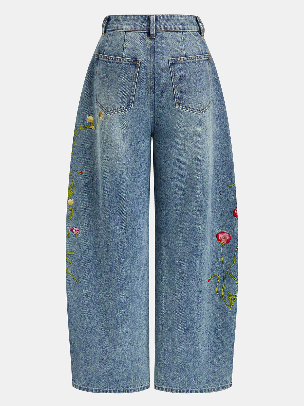 Floral Embroidery Curved-Leg Denim Pants for Women Casual Wear