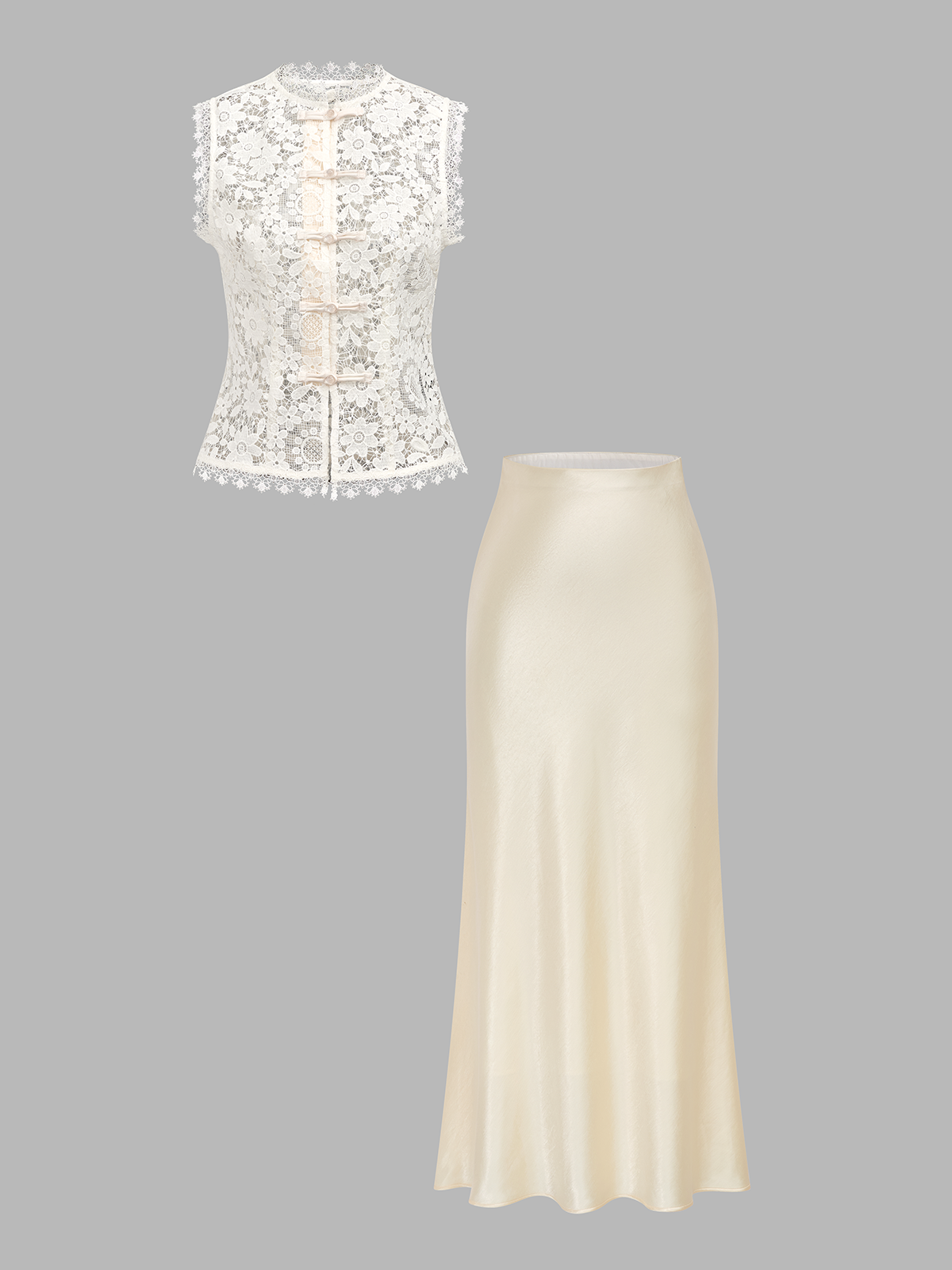 Frog Button Lace Vest & Elegant Satin Midi Skirt Set for Women