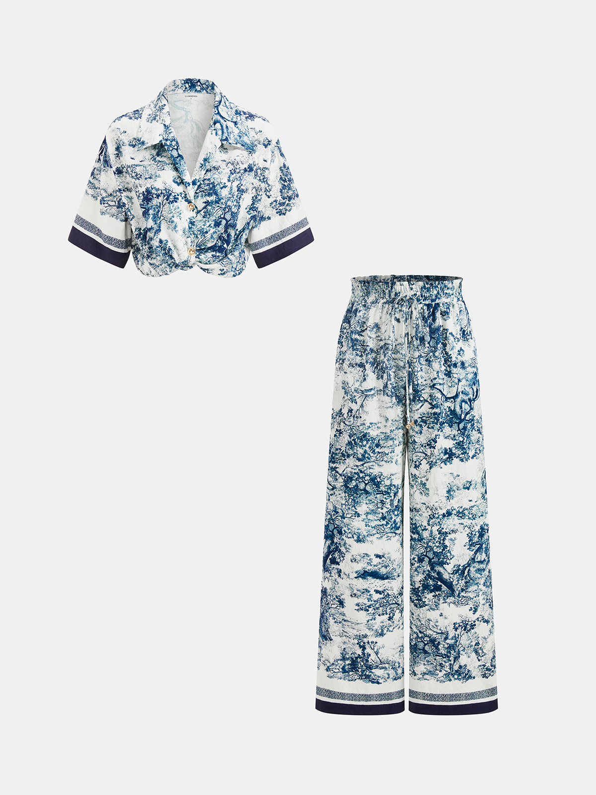 Toile Print Shirt & Wide Leg Pants Set - Casual Comfortable Women's Outfit
