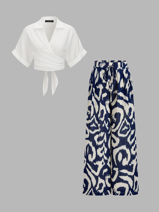 Tie-Back Crop Top & Abstract Print Casual Pants Set for Women