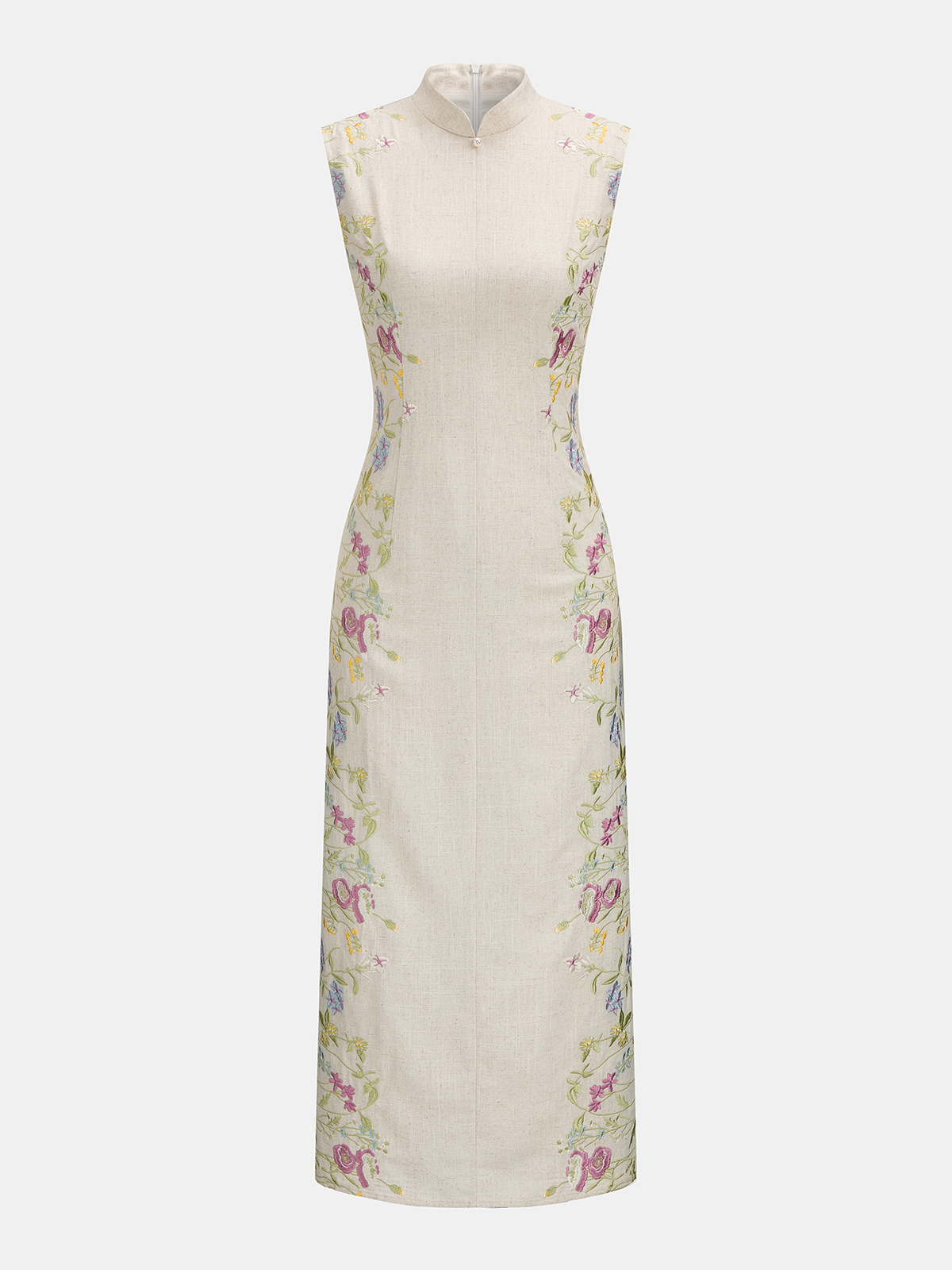 Floral Embroidered Cotton Linen Sleeveless Dress for Women Casual Summer
