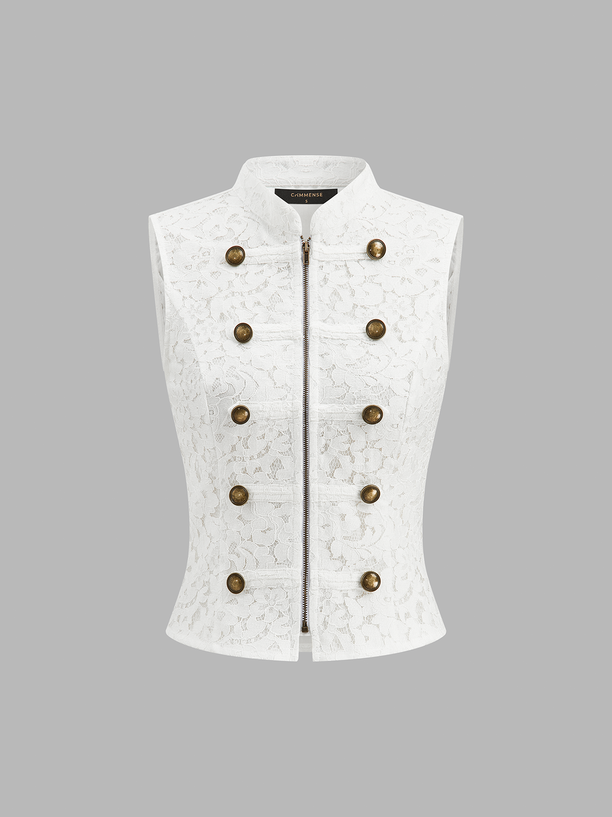 Napoleon Front Zipper Stand Collar Lace Vest, Elegant Sleeveless Formal Attire