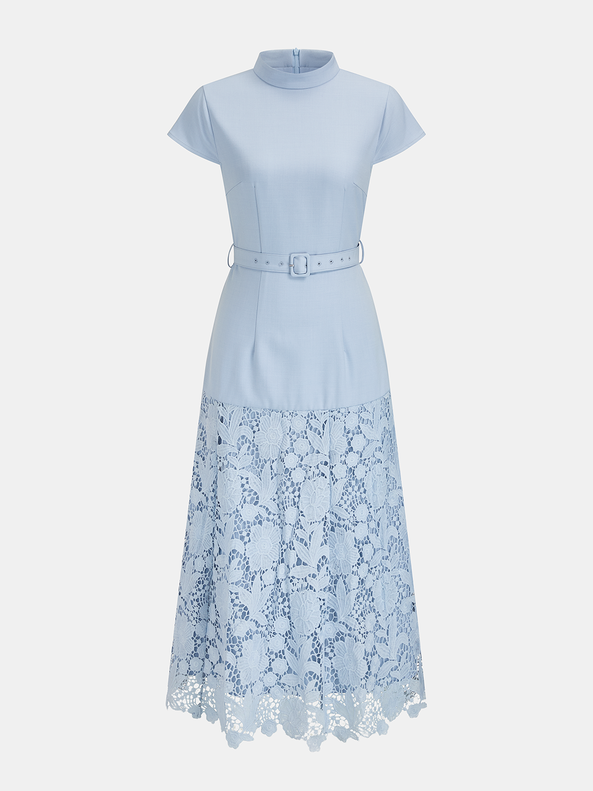Belted Short Sleeve Lace Hem Midi Dress Elegant Summer Wear
