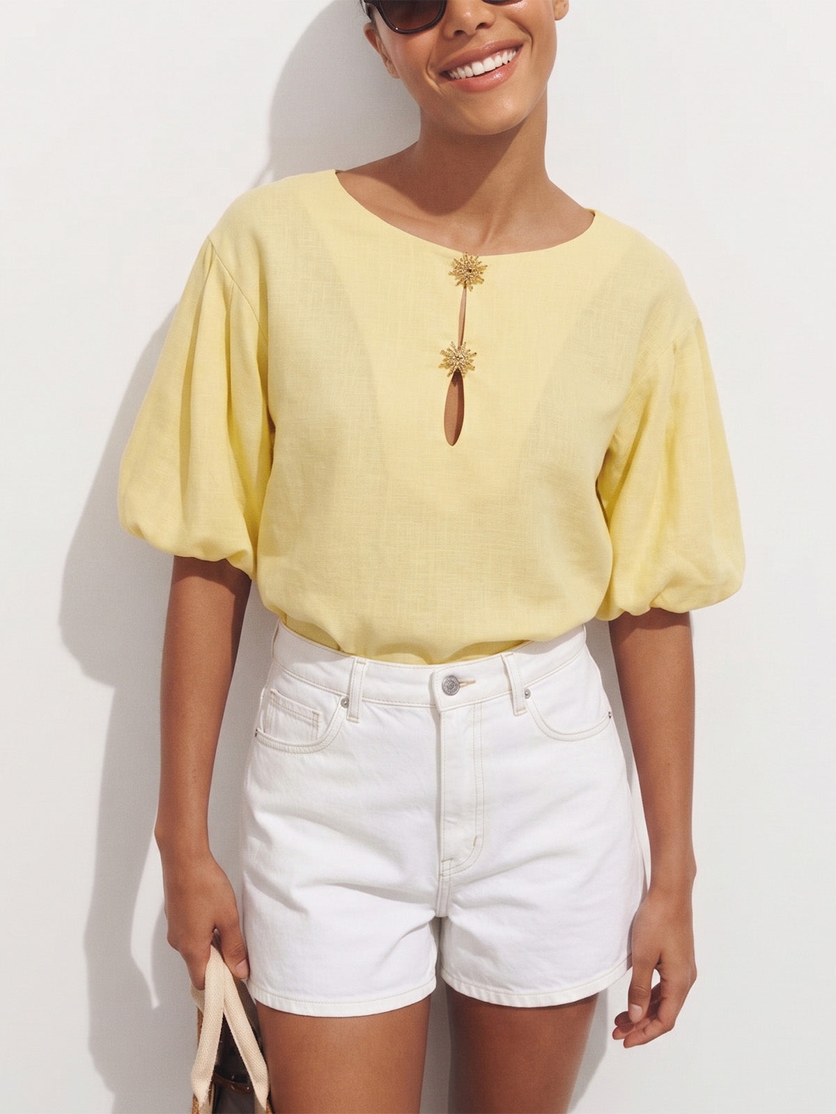 Keyhole Puff Sleeve Tencel Linen Blend Blouse for Women, Casual Elegant Top