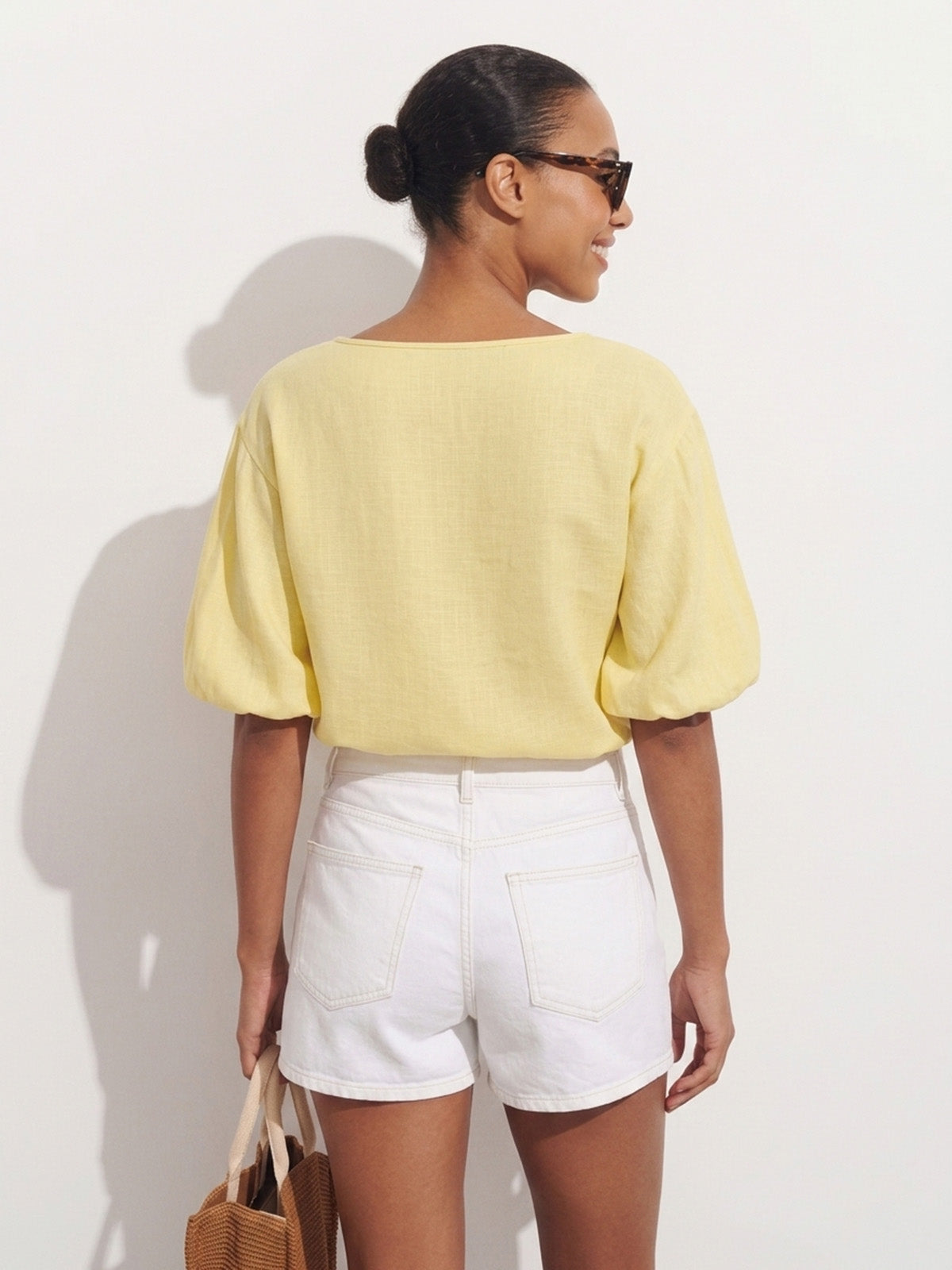 Keyhole Puff Sleeve Tencel Linen Blend Blouse for Women, Casual Elegant Top