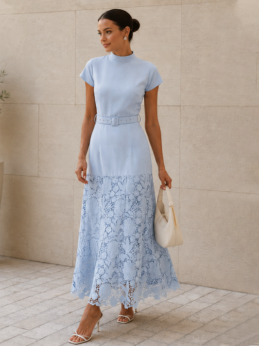 Belted Short Sleeve Lace Hem Midi Dress Elegant Summer Wear
