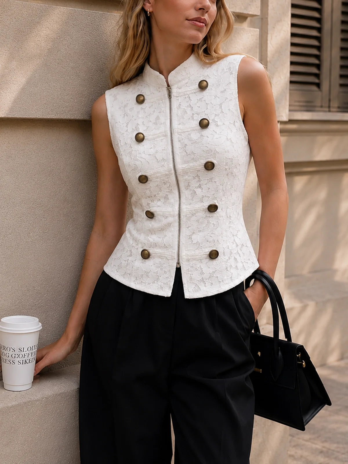 Napoleon Front Zipper Stand Collar Lace Vest, Elegant Sleeveless Formal Attire
