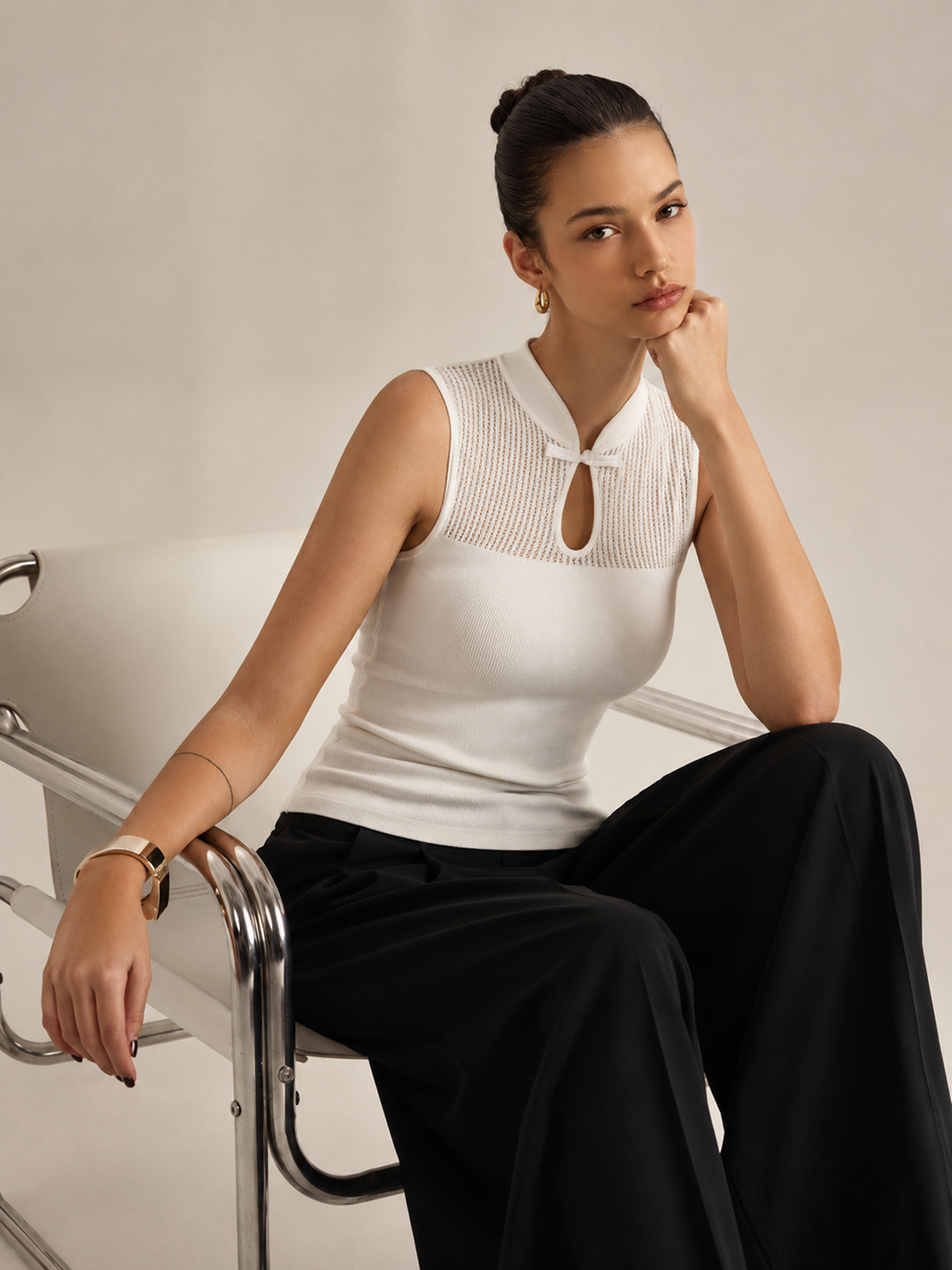 Mandarin Collar Hollow Knit Tank Top Lightweight Sleeveless