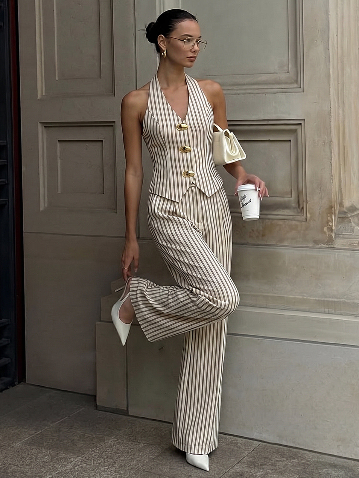 Striped Halter Neck Pants Set with Metal Button Women's Casual Outfit