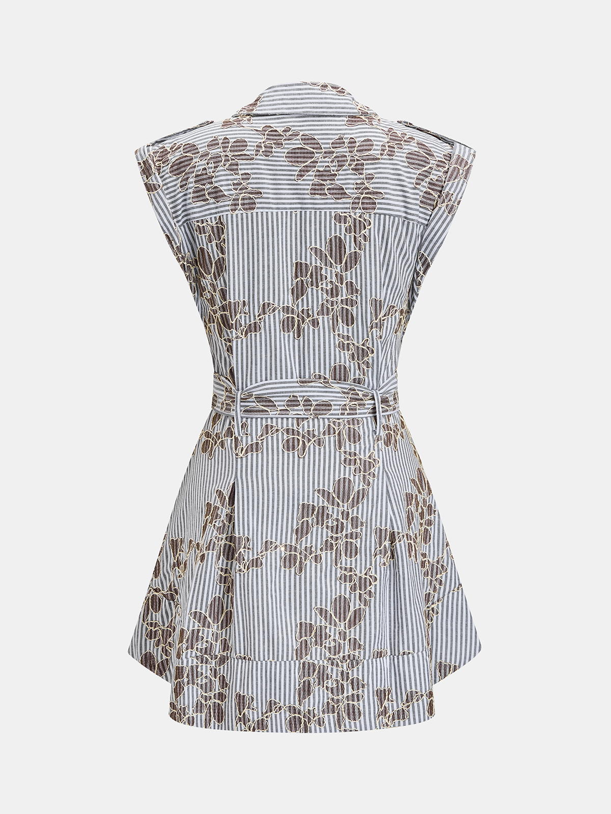 Belted Striped Floral Embroidered Shirt Dress with Long Sleeves and Pockets