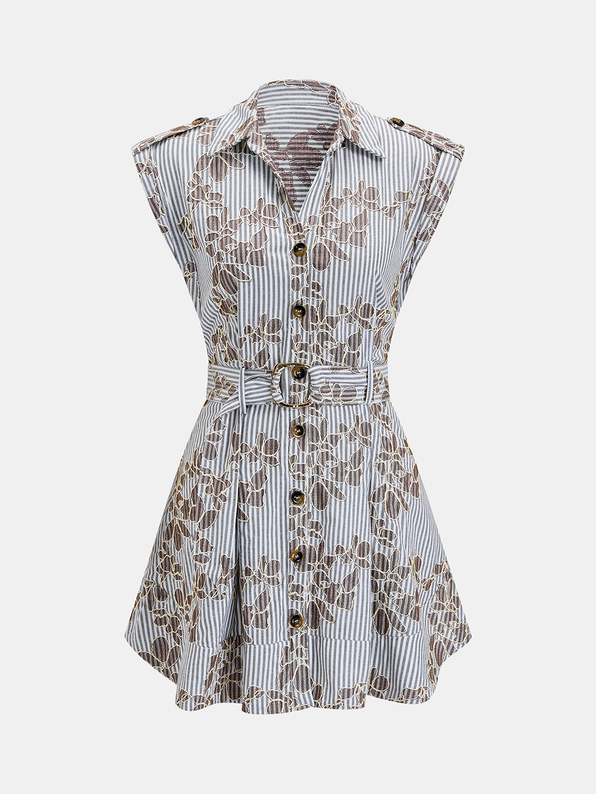 Belted Striped Floral Embroidered Shirt Dress with Long Sleeves and Pockets