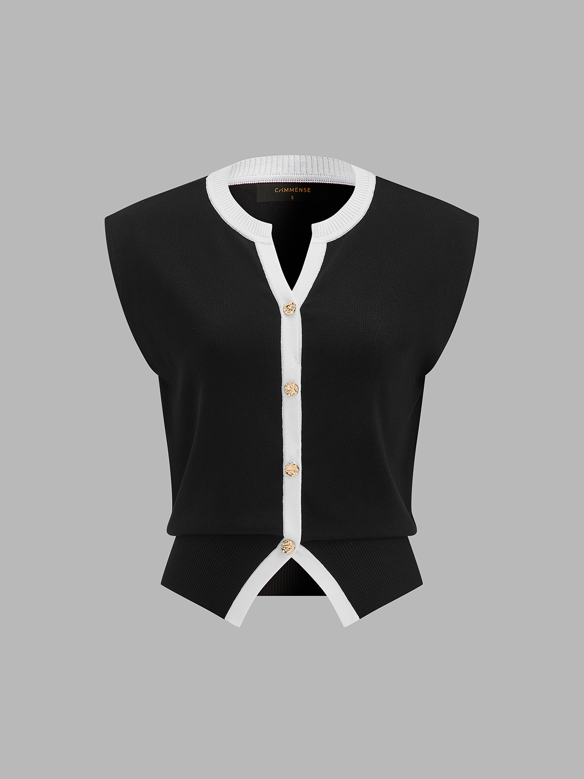 "Women's Contrast Trim Metal Button Knit Vest with Pockets"