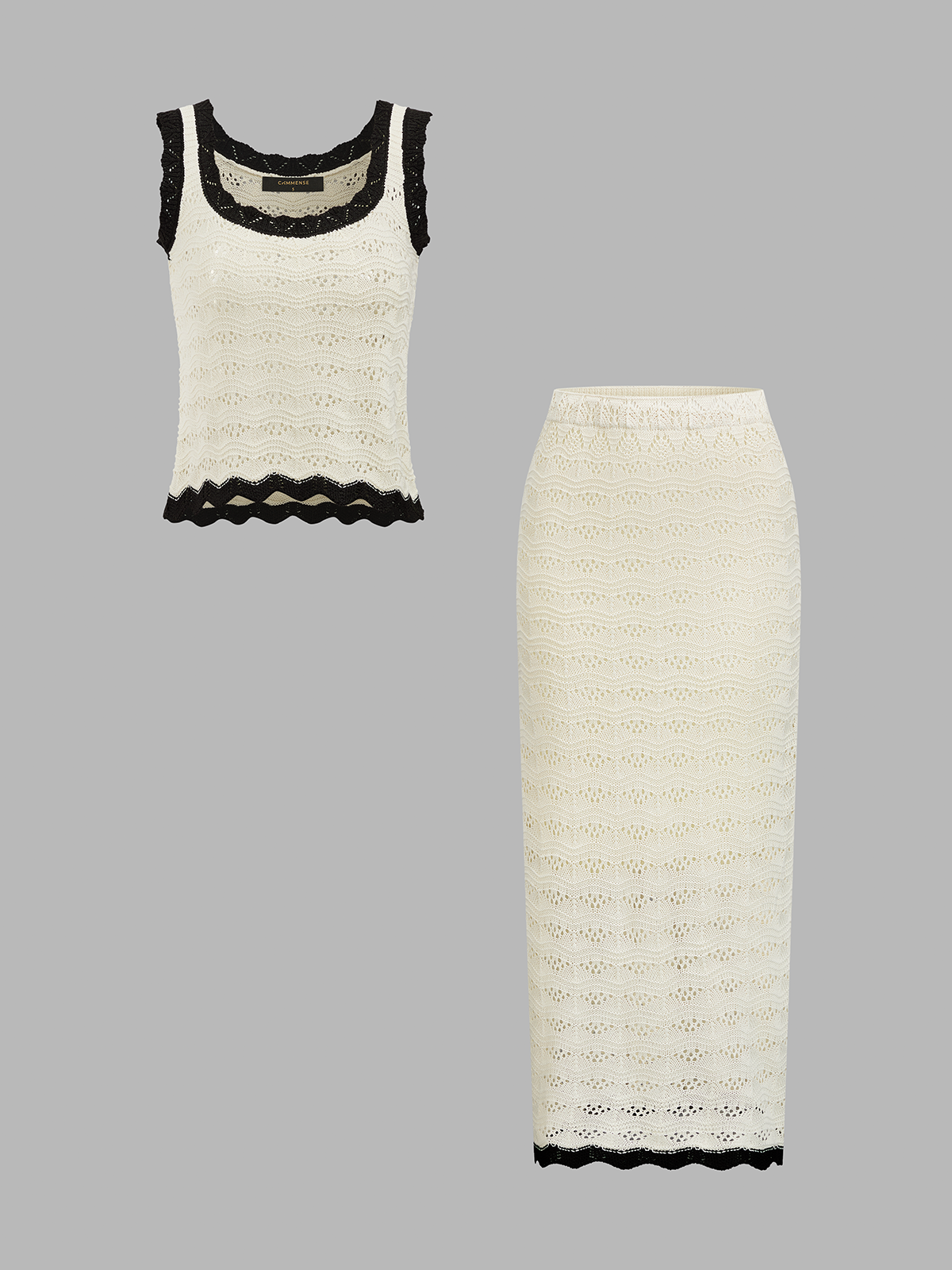Contrast Trim Crochet Knit Top & Midi Skirt Set for Women Summer Casual