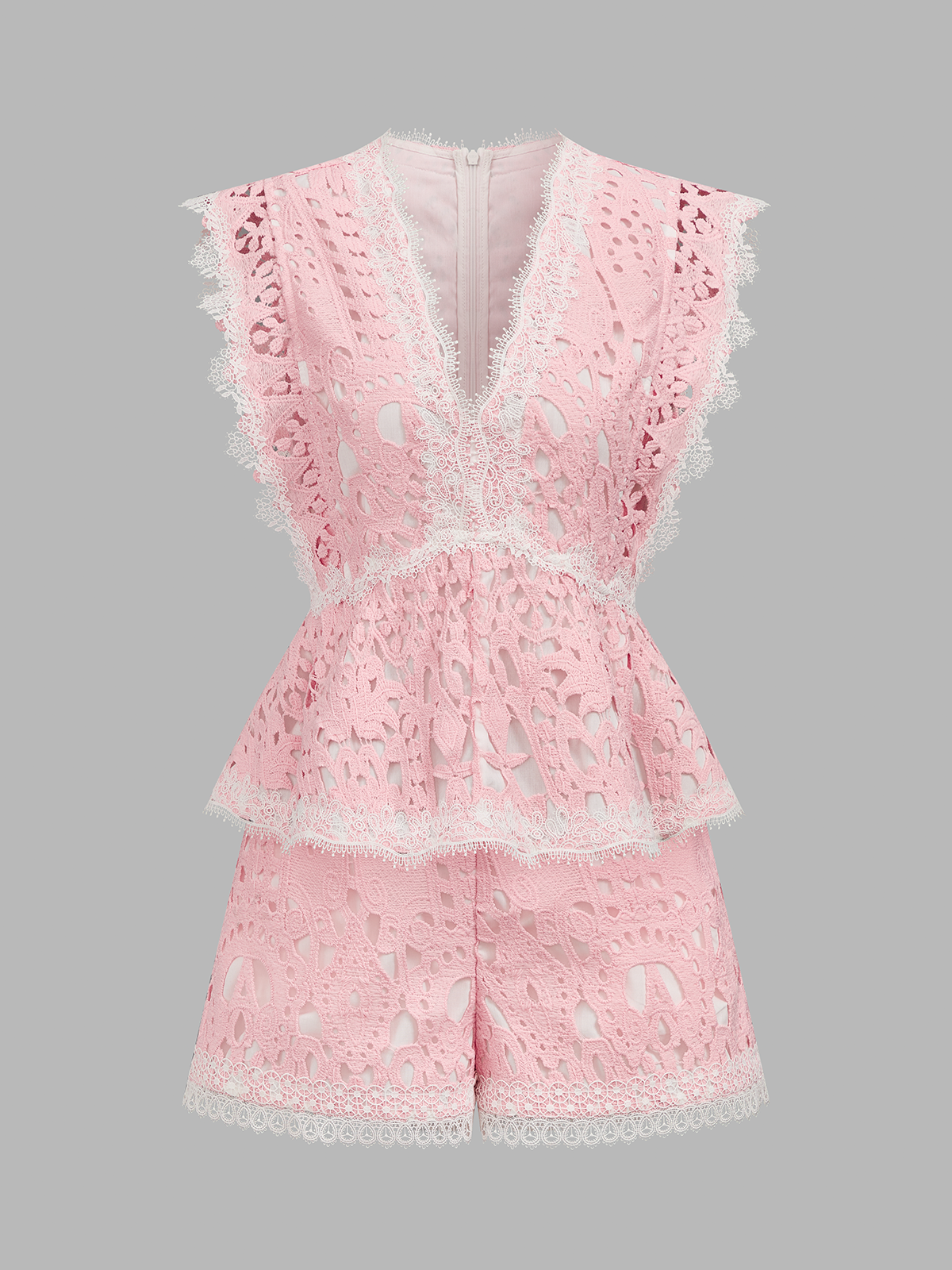 V-Neck Guipure Lace Peplum Top & Shorts Set for Elegant Evenings