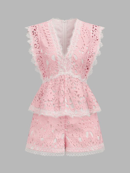 V-Neck Guipure Lace Peplum Top & Shorts Set for Elegant Evenings