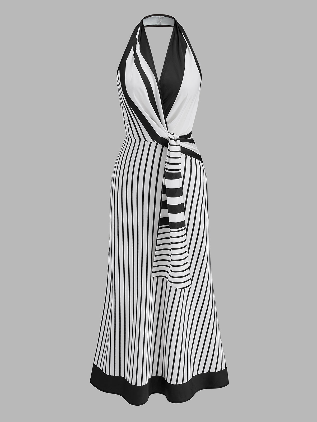 Striped Halter Wrap Maxi Dress with Tie Waist Detail