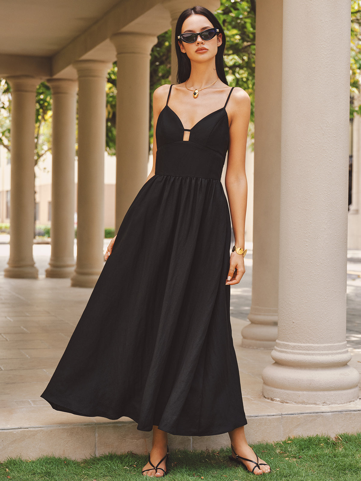 Keyhole Bustier Cotton Linen Cami Maxi Dress Women's Summer Casual