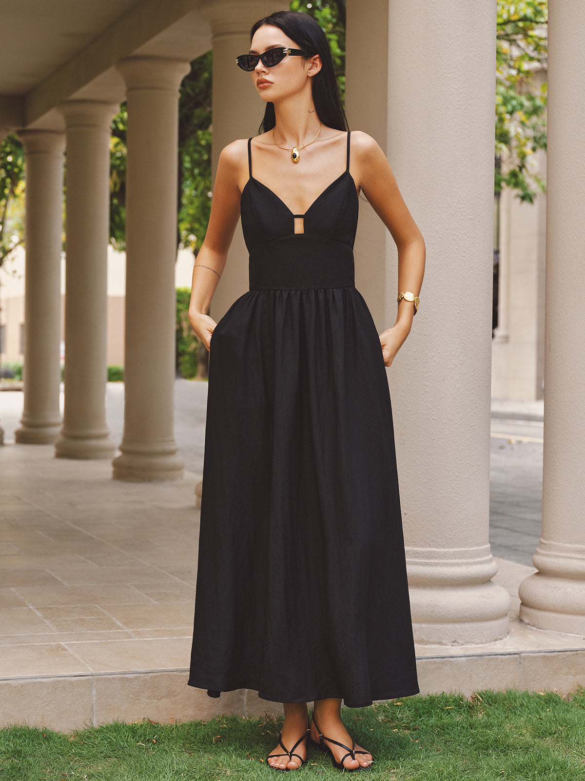 Keyhole Bustier Cotton Linen Cami Maxi Dress Women's Summer Casual