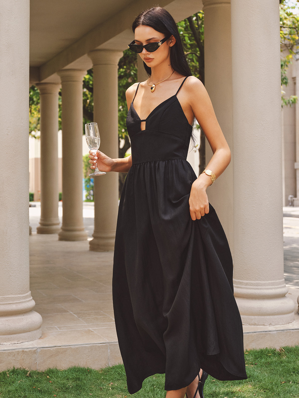 Keyhole Bustier Cotton Linen Cami Maxi Dress Women's Summer Casual