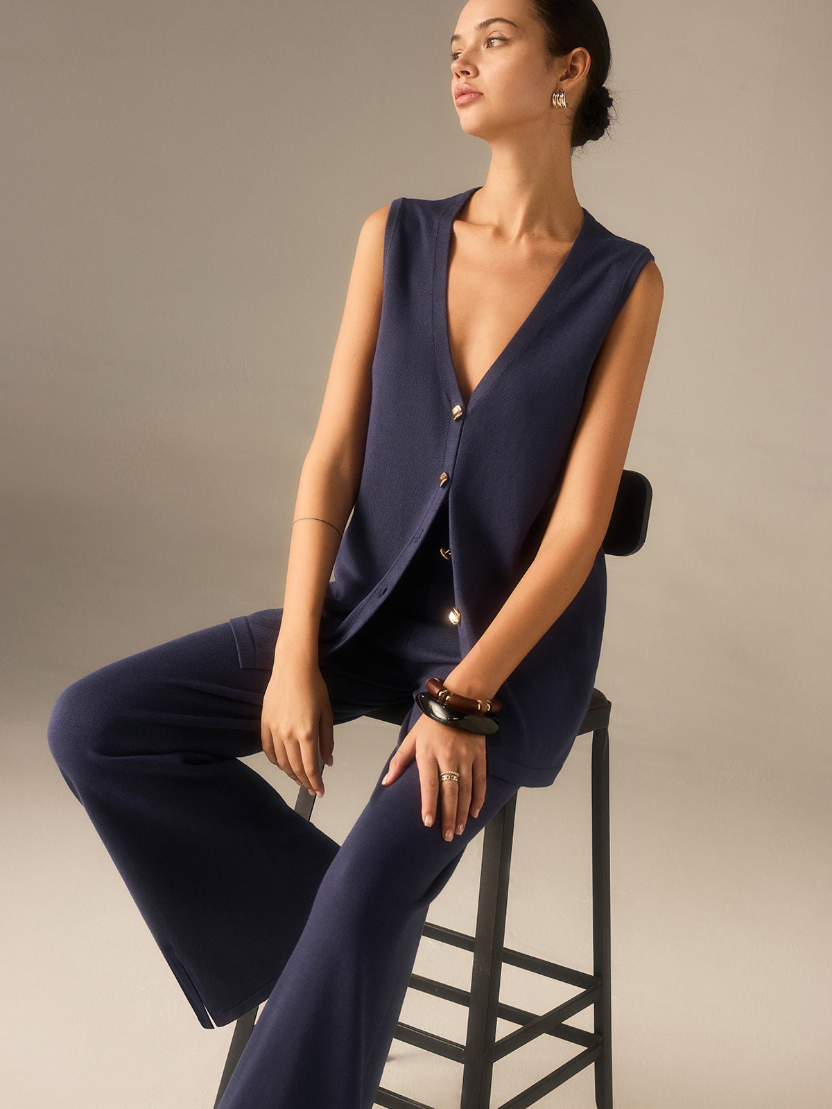 Golden Button Knit Vest Pants Set in Premium Fabric for Stylish Comfort and Durability