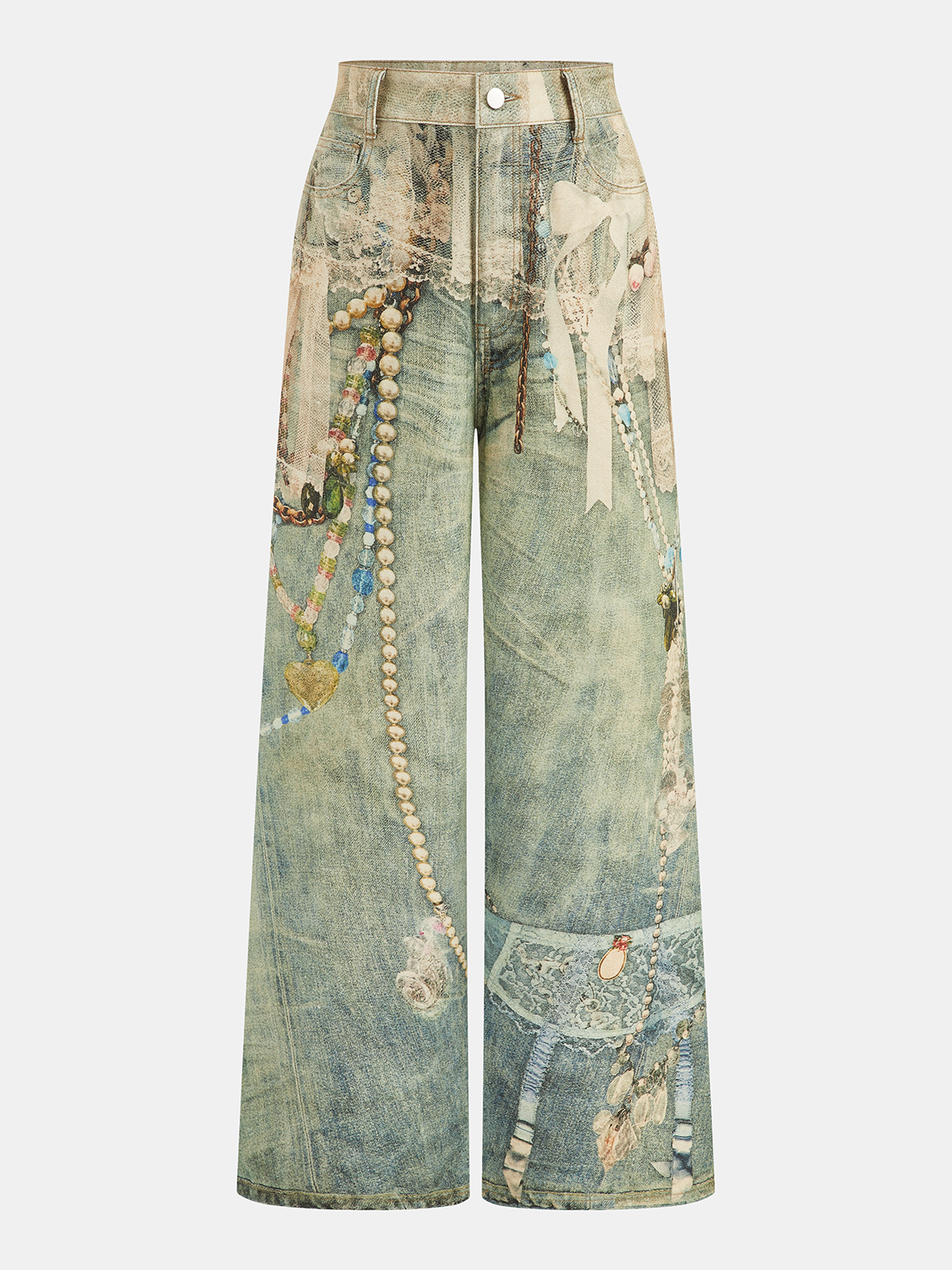 Jewelry Print Wide Leg Denim Pants for Women Stylish Casual Wear