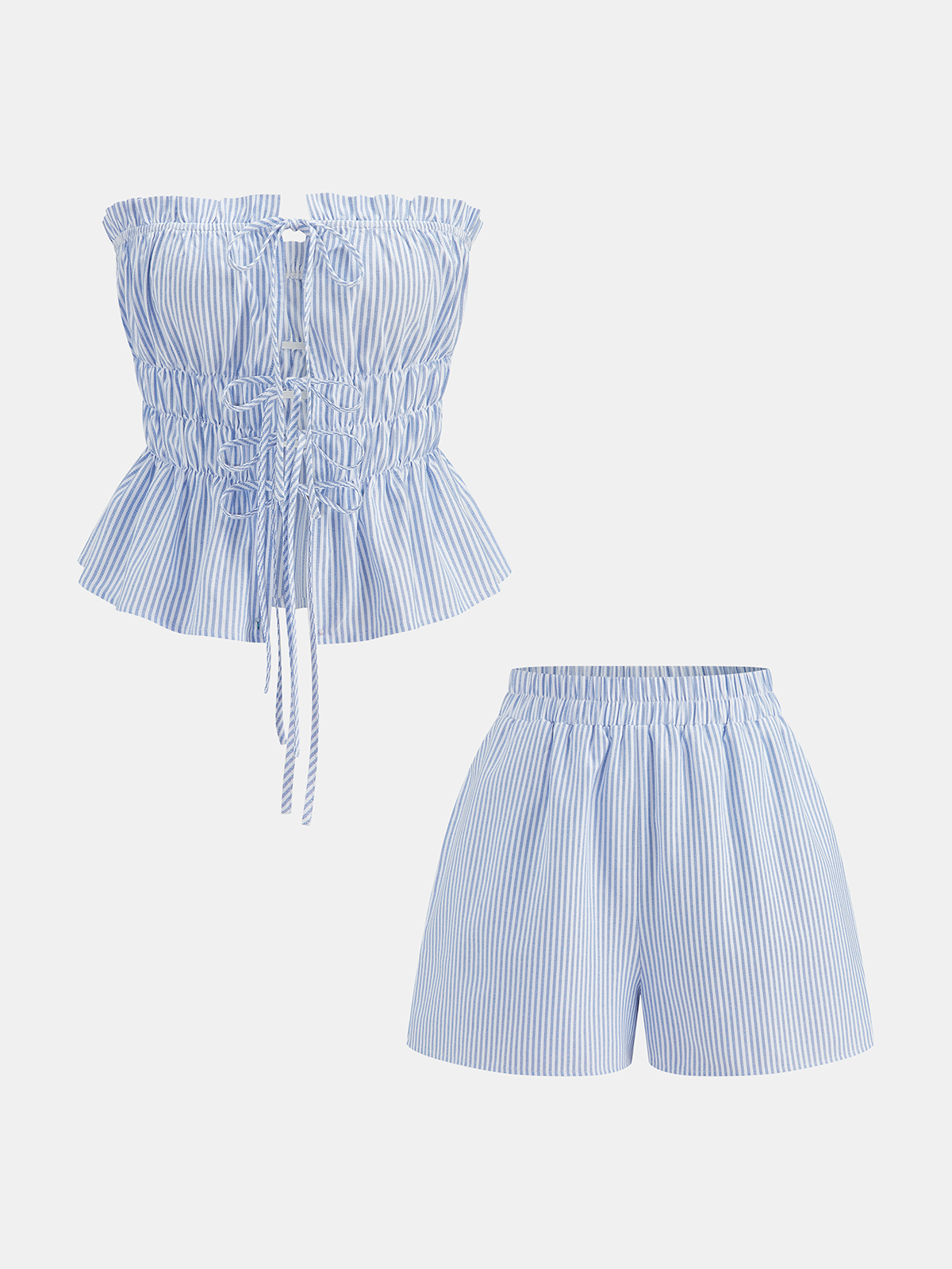 Striped Strapless Lace-Up Top & Shorts Casual Summer Outfit Set
