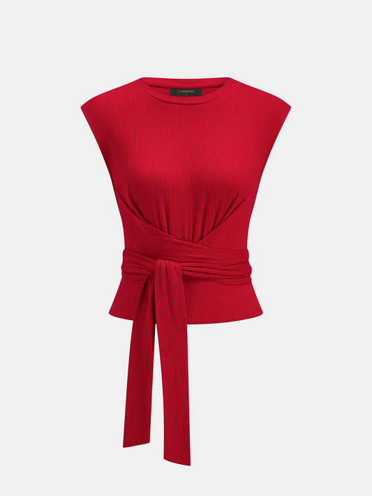 Tie-Waist Ribbed Knit Top for Women Casual Fit