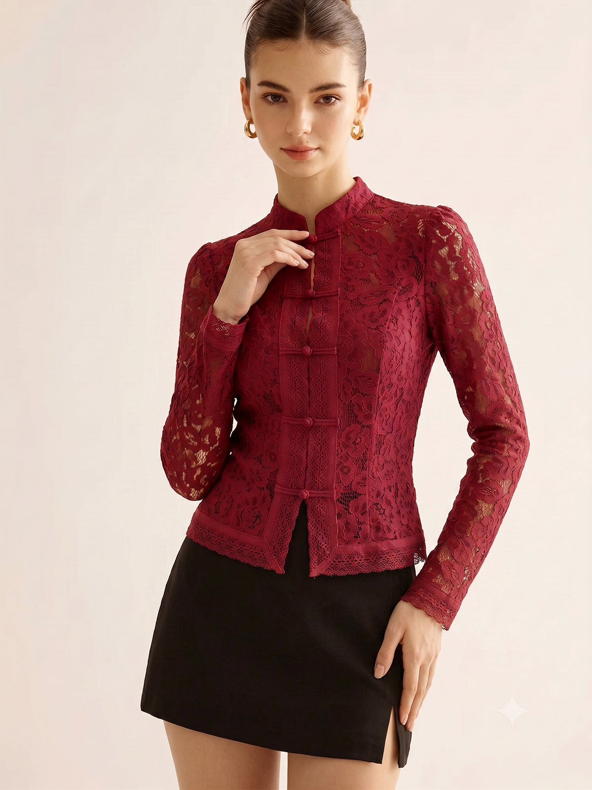 Frog Closure Lace Mandarin Collar Blouse Elegant Women's Traditional Top