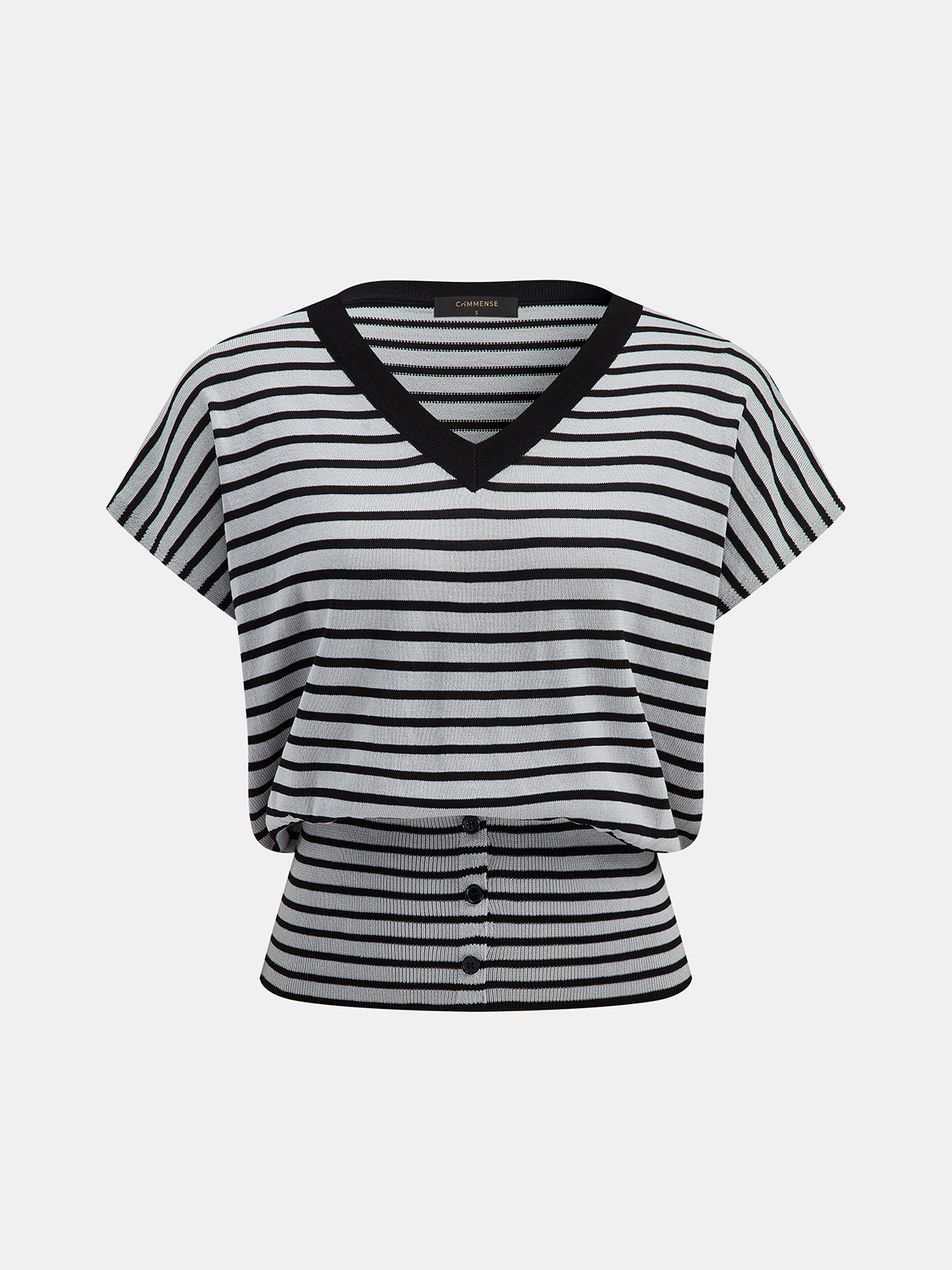 Striped V Neck Short Sleeve Comfort Fit Knit Top for Women