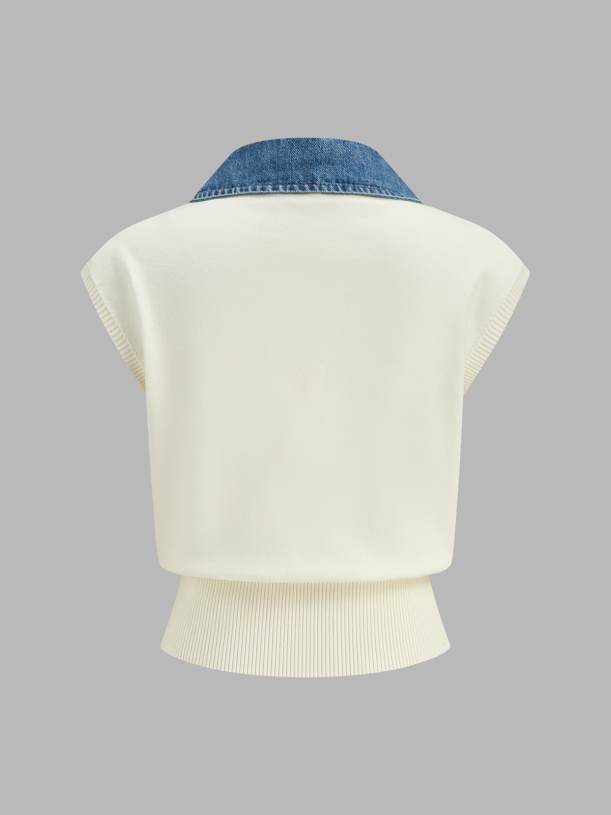 Cinched-Waist Denim-Collar Knit Vest with Layering Style