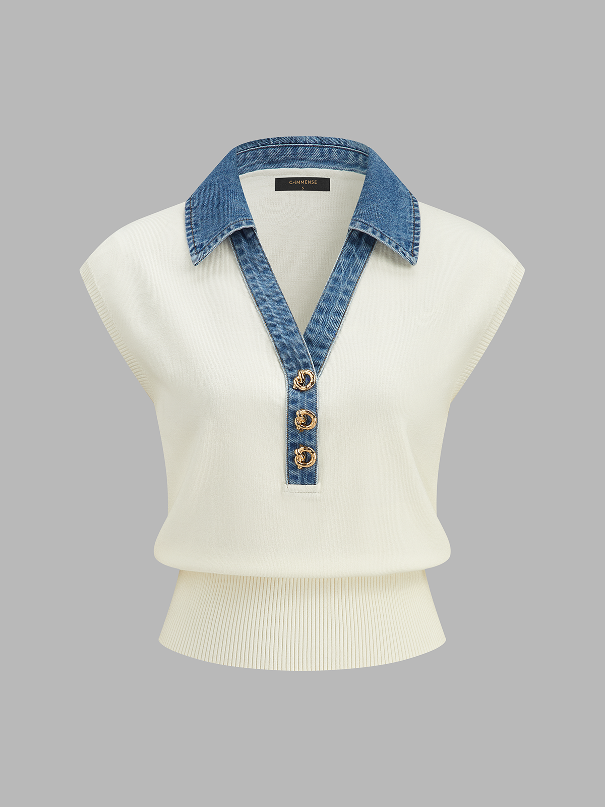 Cinched-Waist Denim-Collar Knit Vest with Layering Style
