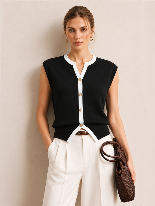 "Women's Contrast Trim Metal Button Knit Vest with Pockets"