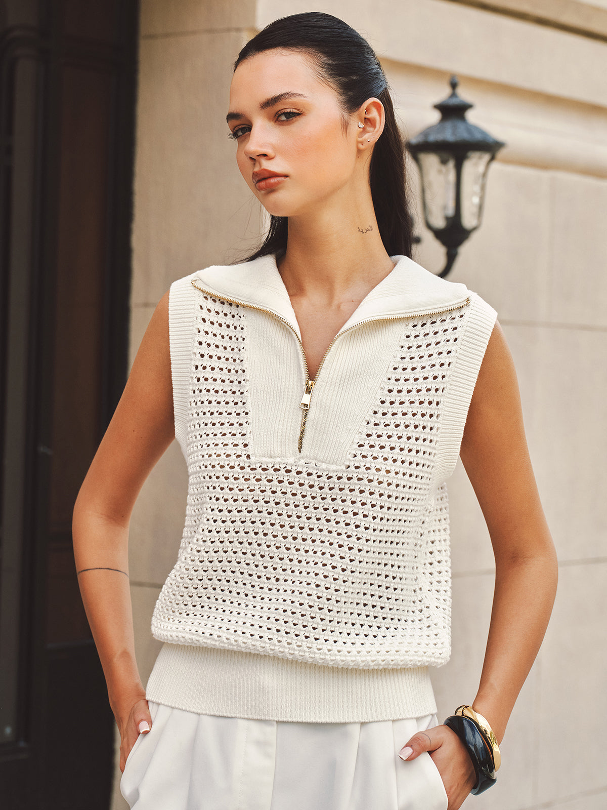 Open-Knit Half-Zip Sleeveless Sweater Vest for Layered Casual Looks